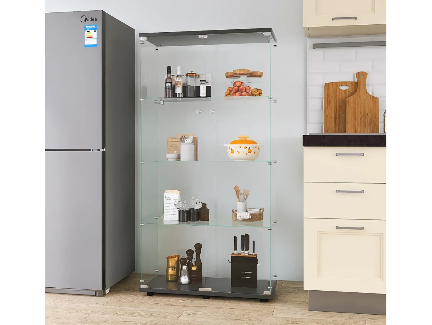 Vitrina de cristal con 4 estantes, 2 puertas y cerradura, 164 x 80 x 36 cm, color negro