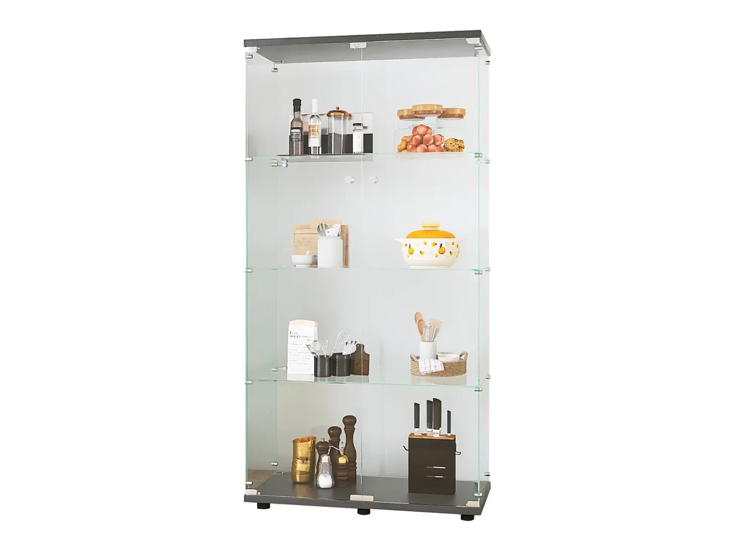 Vitrina de cristal con 4 estantes, 2 puertas y cerradura, 164 x 80 x 36 cm, color negro