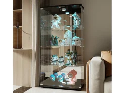 Vitrina de cristal con 4 estantes, vitrina de 2 puertas con luz y cerradura, color negro