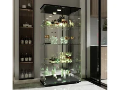 Vitrina de cristal con 4 estantes, vitrina de 2 puertas con luz y cerradura, color negro