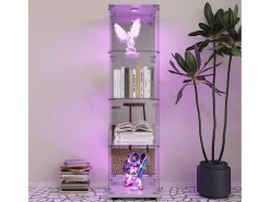 Vitrina de cristal con 1 puerta y cerradura, para salón, blanca con luz y espejo, 164x42,5x36,5 cm