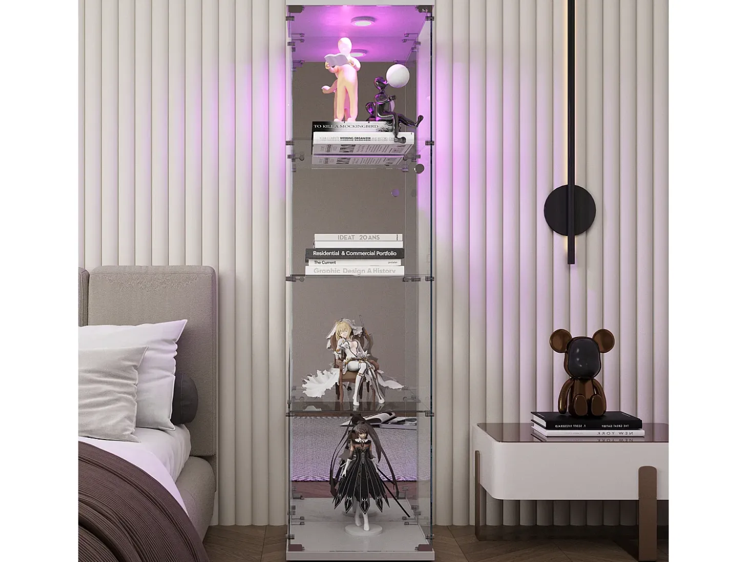 Vitrina de cristal con 1 puerta y cerradura, para salón, blanca con luz y espejo, 164x42,5x36,5 cm