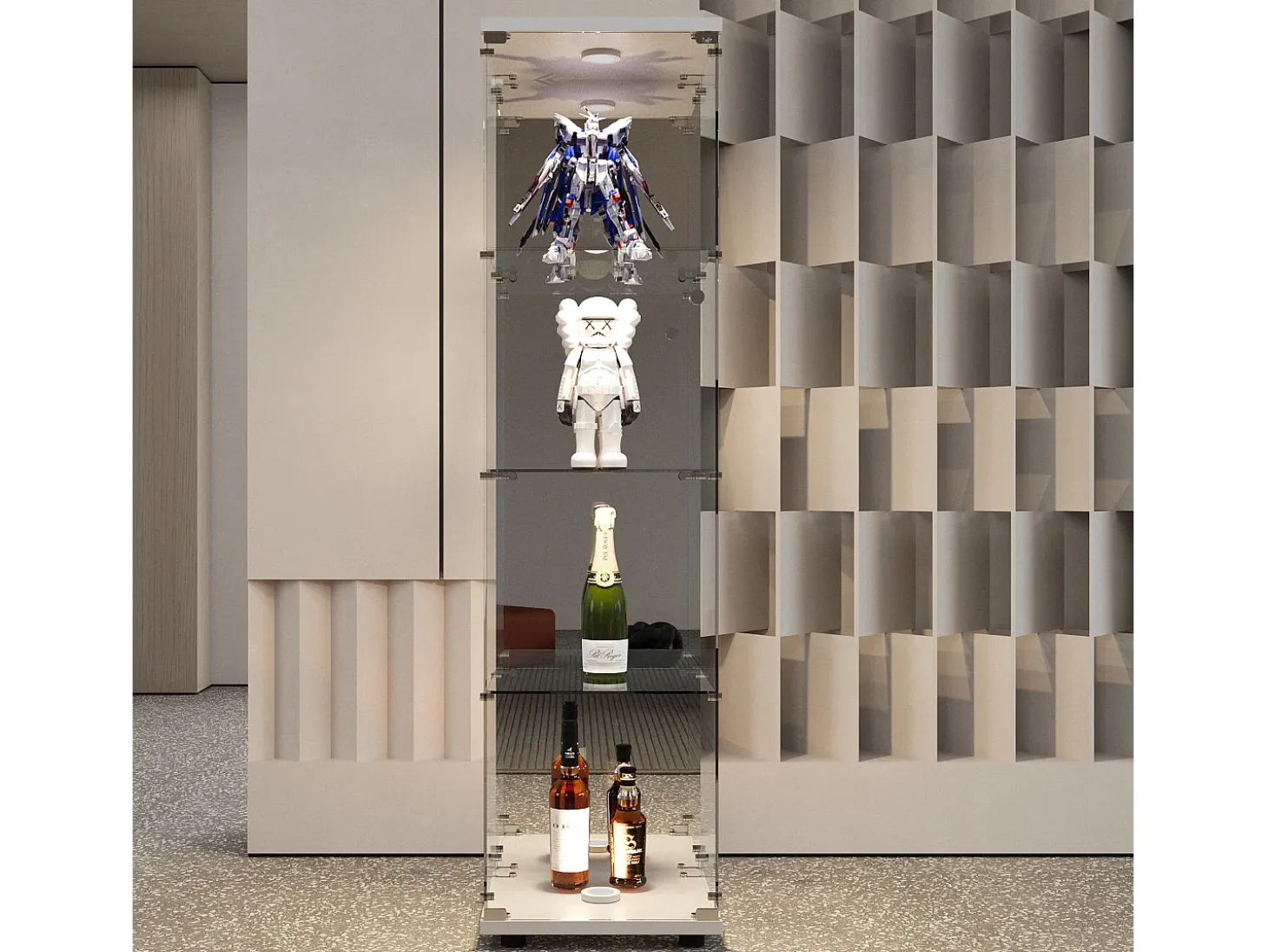 Vitrina de cristal con 1 puerta y cerradura, para salón, blanca con luz y espejo, 164x42,5x36,5 cm