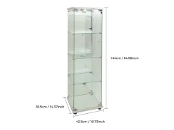 Vitrina de cristal con 1 puerta y cerradura, para salón, blanca con luz y espejo, 164x42,5x36,5 cm