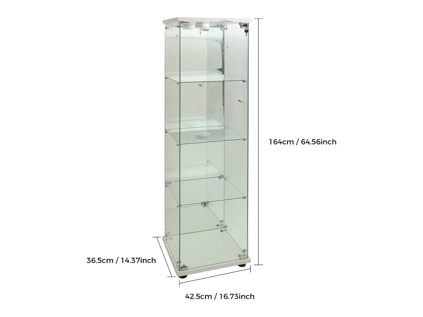 Vitrina de cristal con 1 puerta y cerradura, para salón, blanca con luz y espejo, 164x42,5x36,5 cm