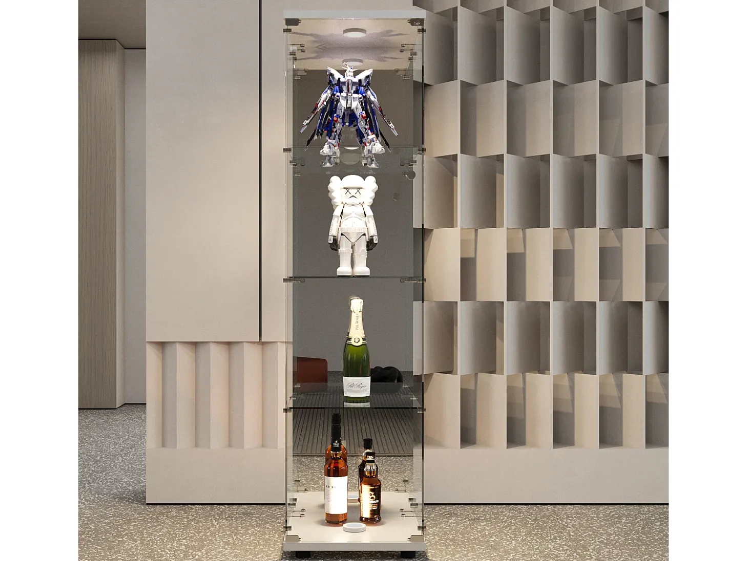 Vitrina de cristal con cerradura e iluminación LED - 4 estantes - 1 puerta - 36,5 x 42,5 x 164 cm - blanco