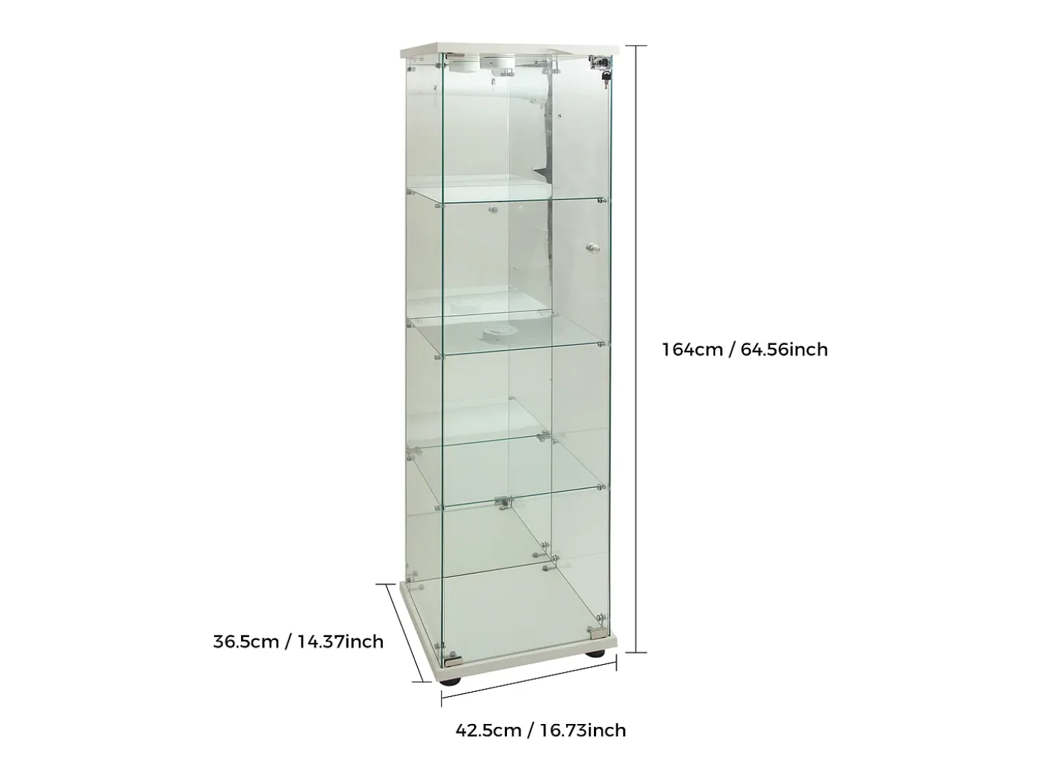 Vitrina de cristal con cerradura e iluminación LED - 4 estantes - 1 puerta - 36,5 x 42,5 x 164 cm - blanco
