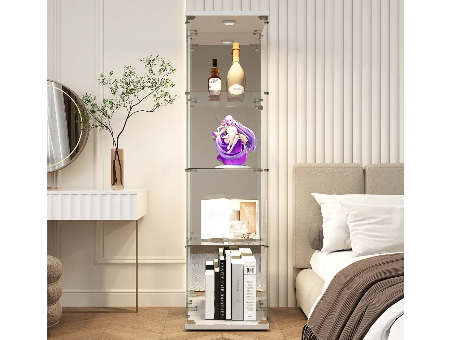 Vitrina de cristal con cerradura e iluminación LED - 4 estantes - 1 puerta - 36,5 x 42,5 x 164 cm - blanco
