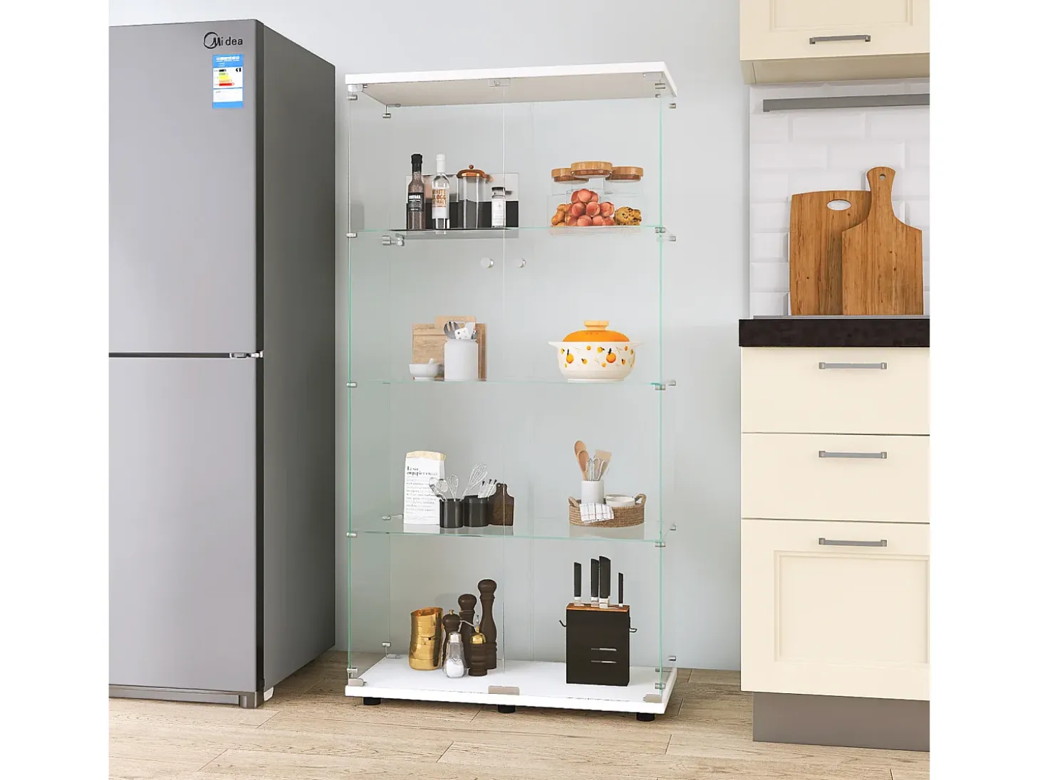 Vitrina de cristal con iluminación LED, Vitrina de cristal con cerradura, Armario de colección, 2 puertas, 4 estantes, 80 x 36 x 164 cm, Blanco