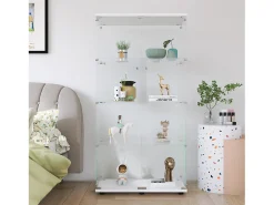 Vitrina de cristal con iluminación LED, Vitrina de cristal con cerradura, Armario de colección, 2 puertas, 4 estantes, 80 x 36 x 164 cm, Blanco