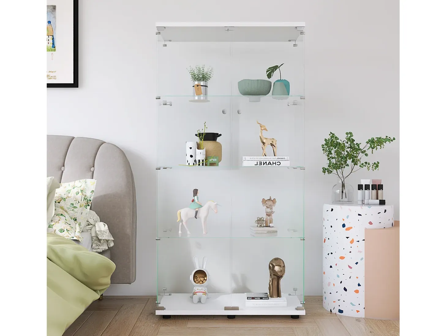 Vitrina de cristal con iluminación LED, Vitrina de cristal con cerradura, Armario de colección, 2 puertas, 4 estantes, 80 x 36 x 164 cm, Blanco