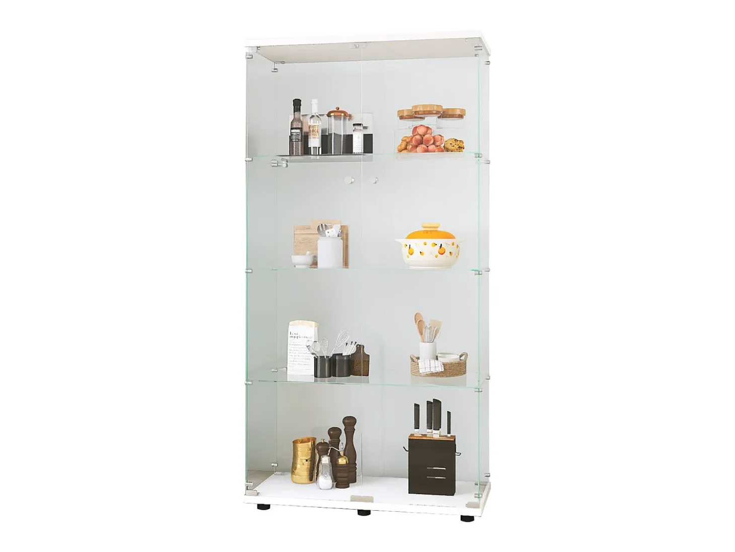 Vitrina de cristal con iluminación LED, Vitrina de cristal con cerradura, Armario de colección, 2 puertas, 4 estantes, 80 x 36 x 164 cm, Blanco