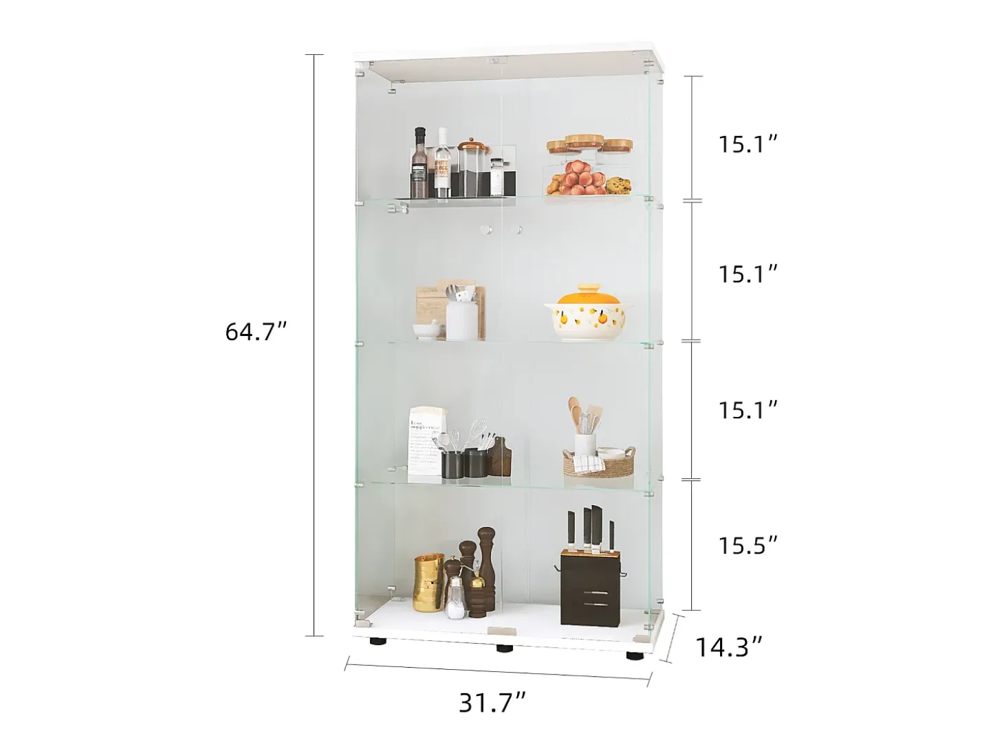 Vitrina de cristal con iluminación LED, Vitrina de cristal con cerradura, Armario de colección, 2 puertas, 4 estantes, 80 x 36 x 164 cm, Blanco