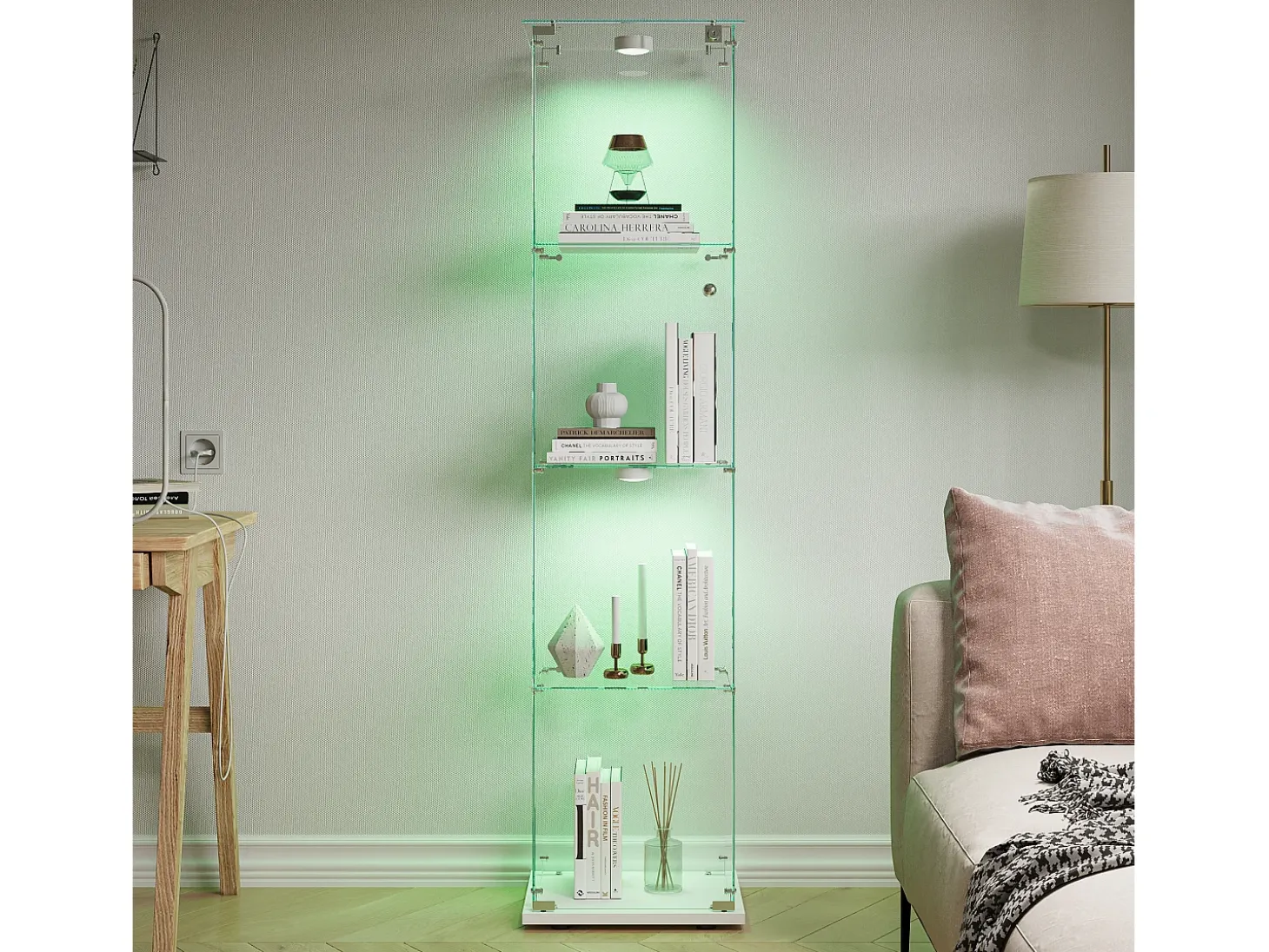 Vitrina de cristal con iluminación LED táctil, puertas y estantes con cerradura, 163 x 40 x 35 cm, blanca