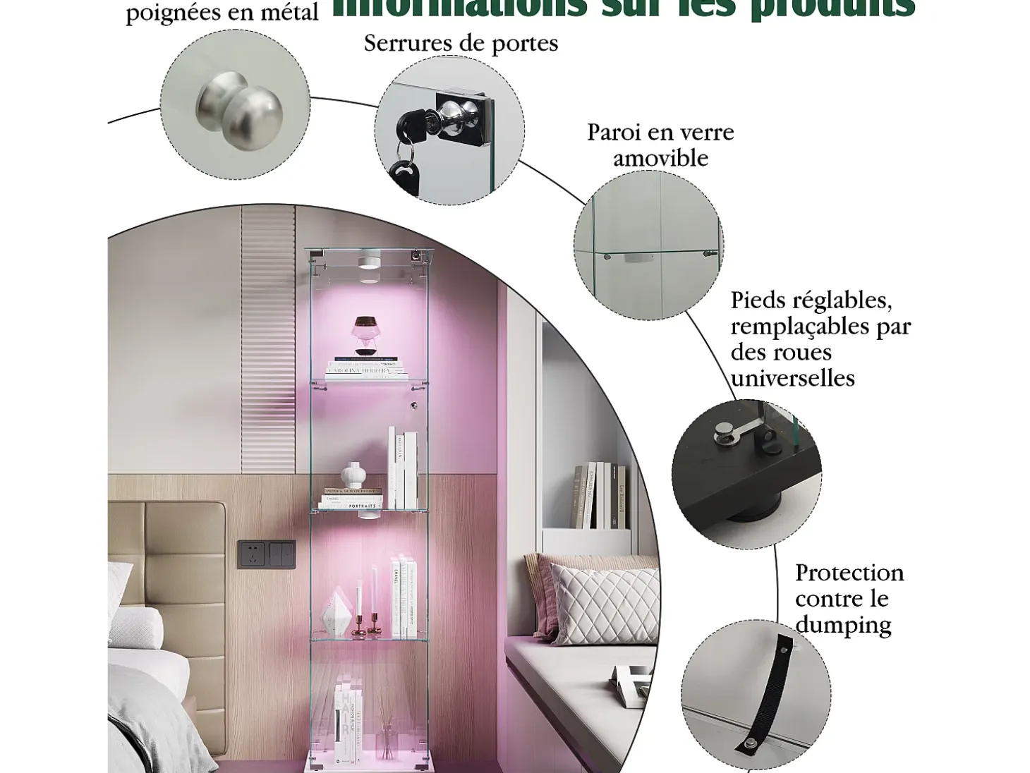 Vitrina de cristal con iluminación LED táctil, puertas y estantes con cerradura, 163 x 40 x 35 cm, blanca