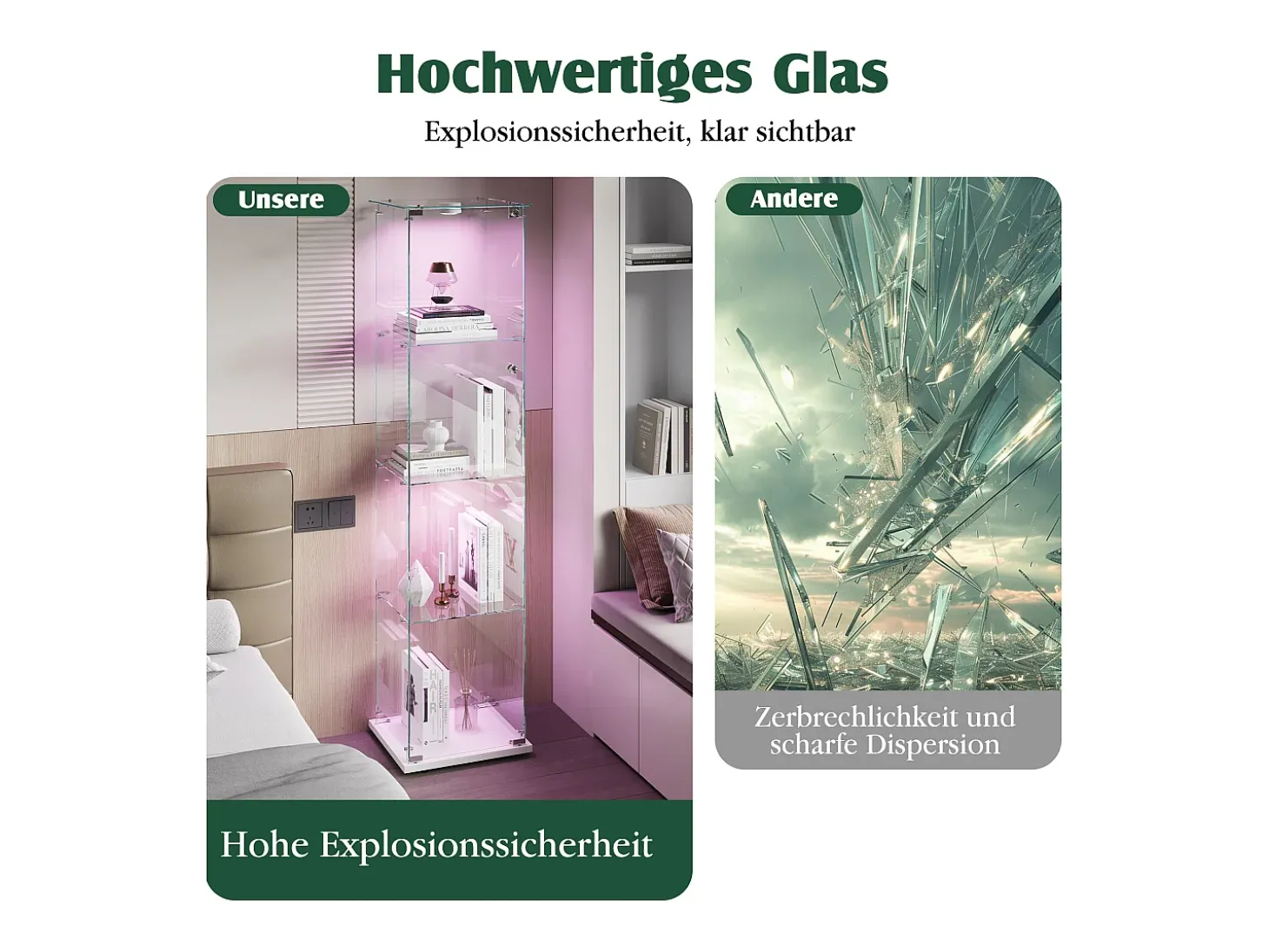 Vitrina de cristal con iluminación LED táctil, puertas y estantes con cerradura, 163 x 40 x 35 cm, blanca