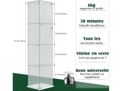 Vitrina de cristal con iluminación LED táctil, puertas y estantes con cerradura, 163 x 40 x 35 cm, blanca