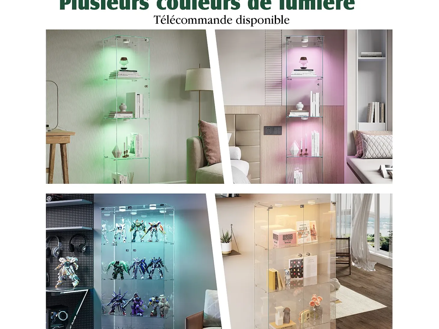 Vitrina de cristal con iluminación LED táctil, puertas y estantes con cerradura, 163 x 40 x 35 cm, blanca
