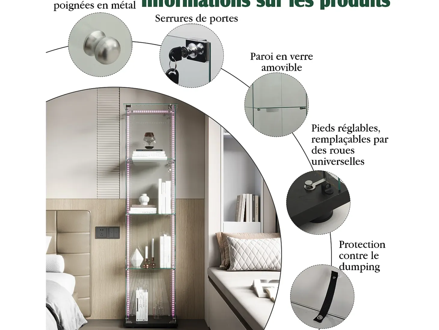 Vitrina de cristal con iluminación LED, puertas y estantes con cerradura, ideal para salón o bar, 163 x 40 x 35 cm, color negro