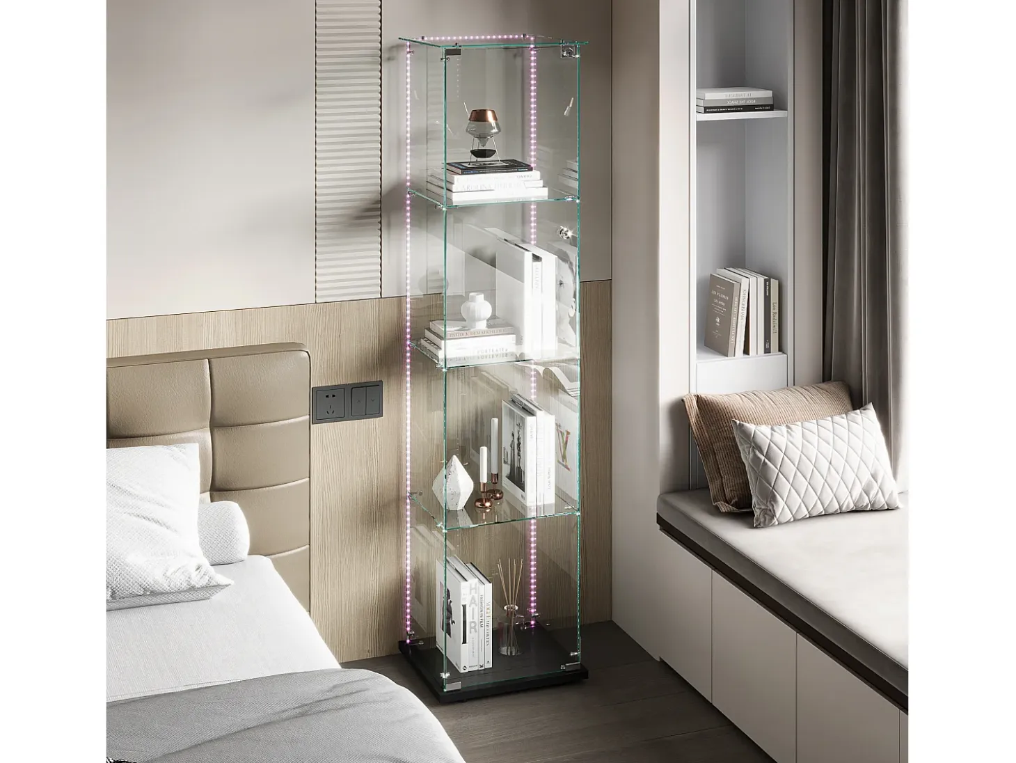 Vitrina de cristal con iluminación LED, puertas y estantes con cerradura, ideal para salón o bar, 163 x 40 x 35 cm, color negro