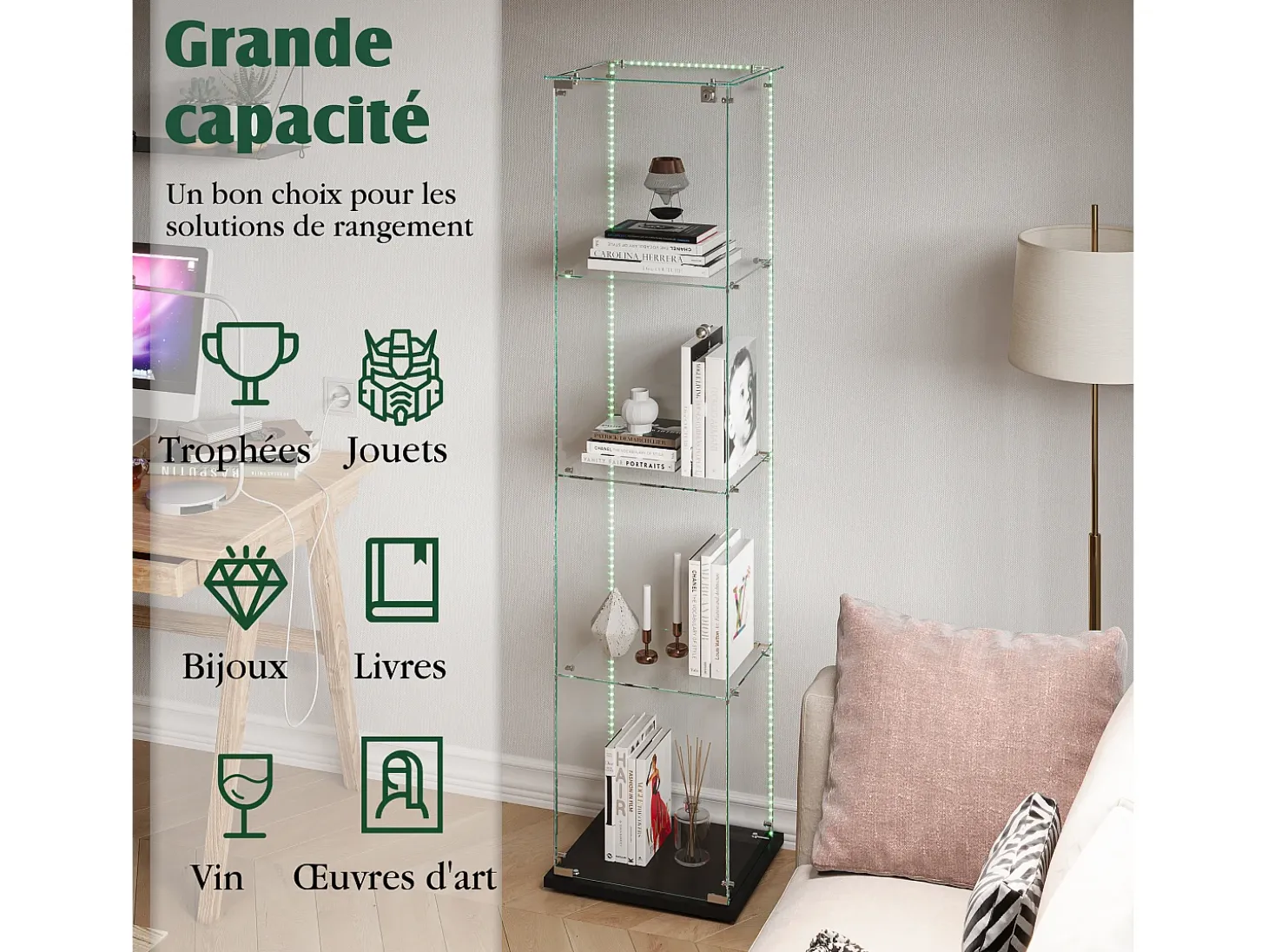 Vitrina de cristal con iluminación LED, puertas y estantes con cerradura, ideal para salón o bar, 163 x 40 x 35 cm, color negro