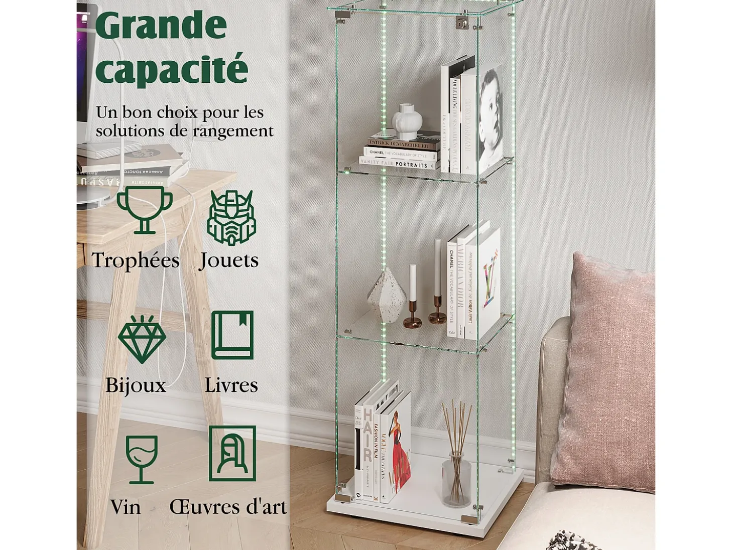 Vitrina de cristal con iluminación LED, 1 puerta con cerradura, 3 estantes ajustables, 125 x 42 x 36 cm, blanca