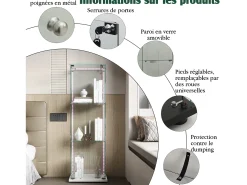 Vitrina de cristal con iluminación LED, 1 puerta con cerradura, 3 estantes ajustables, 125 x 42 x 36 cm, blanca