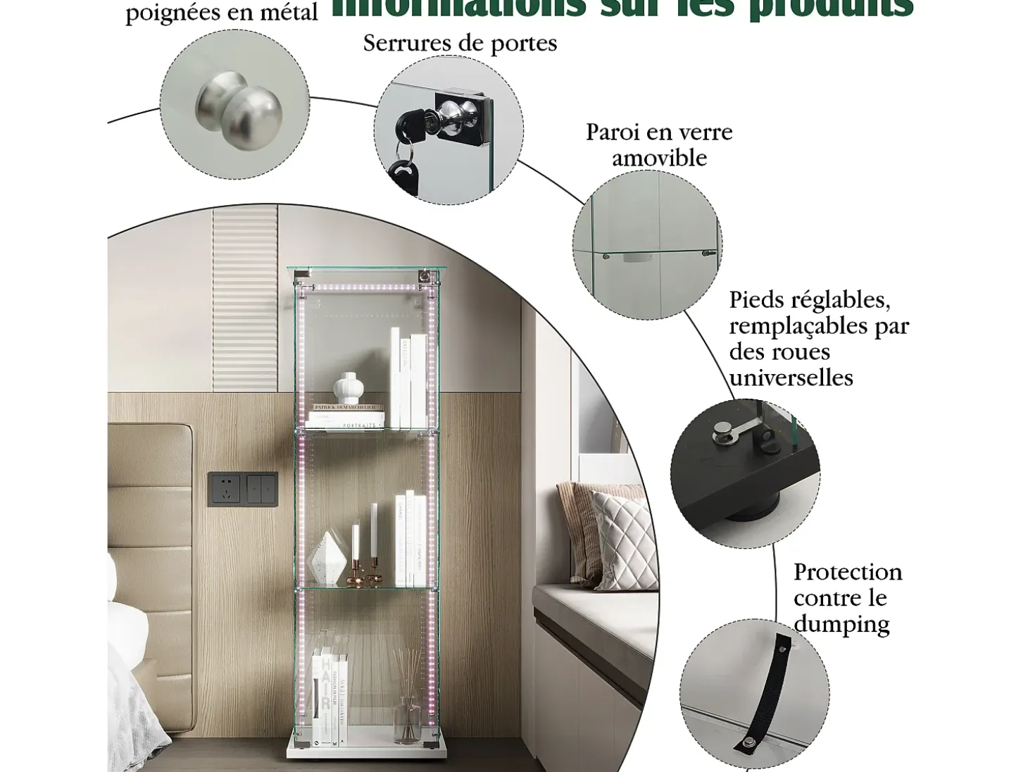Vitrina de cristal con iluminación LED, 1 puerta con cerradura, 3 estantes ajustables, 125 x 42 x 36 cm, blanca