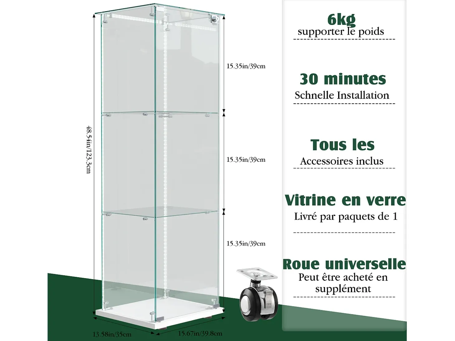Vitrina de cristal con iluminación LED, 1 puerta con cerradura, 3 estantes ajustables, 125 x 42 x 36 cm, blanca