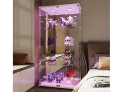 Vitrina de cristal con iluminación LED y cerradura, vitrina de cristal para salón con 2 puertas y estantes, color blanco