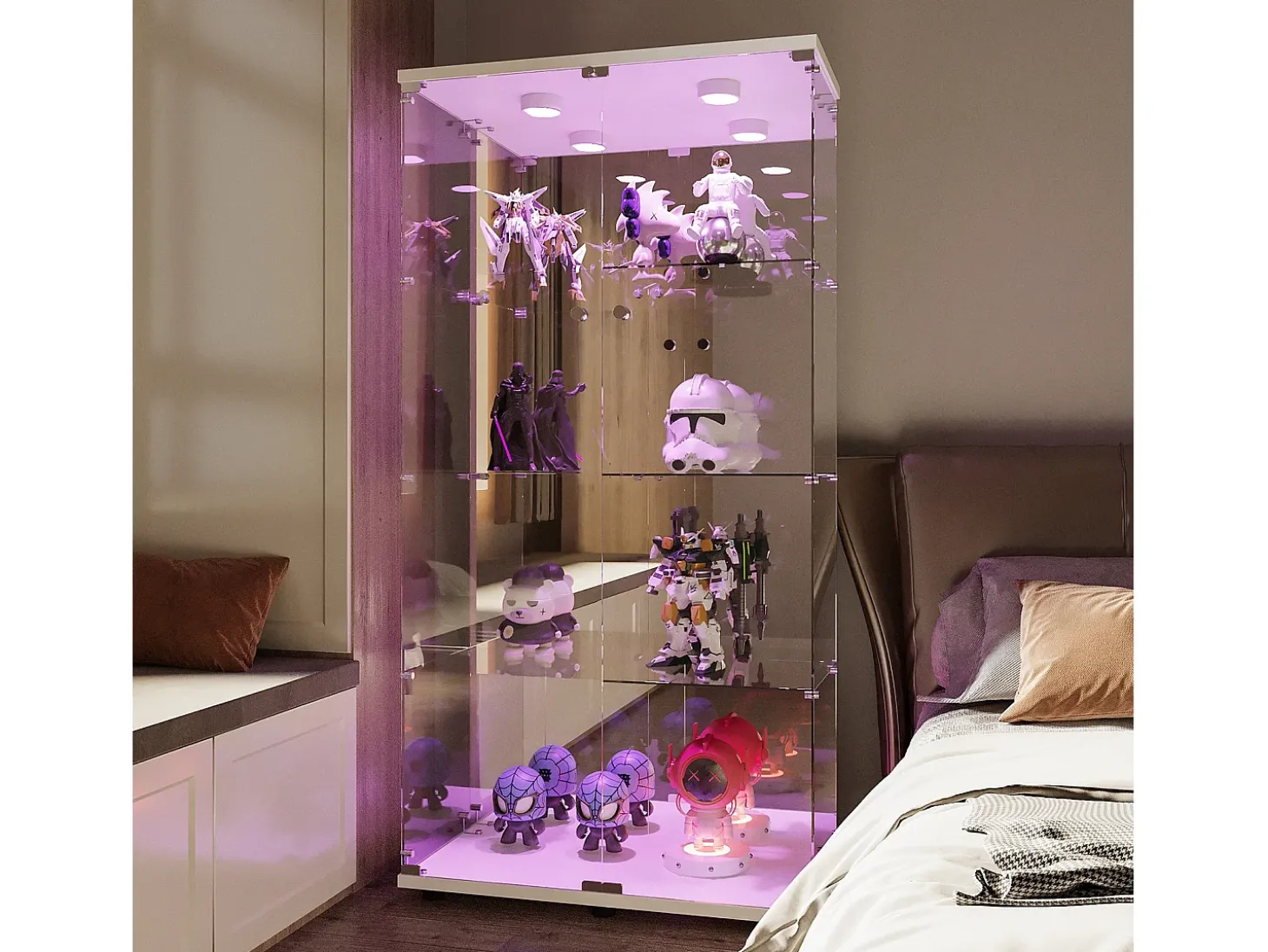 Vitrina de cristal con iluminación LED y cerradura, vitrina de cristal para salón con 2 puertas y estantes, color blanco