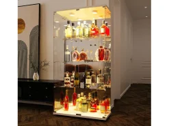 Vitrina de cristal con iluminación LED y cerradura, vitrina de cristal para salón con 2 puertas y estantes, color blanco