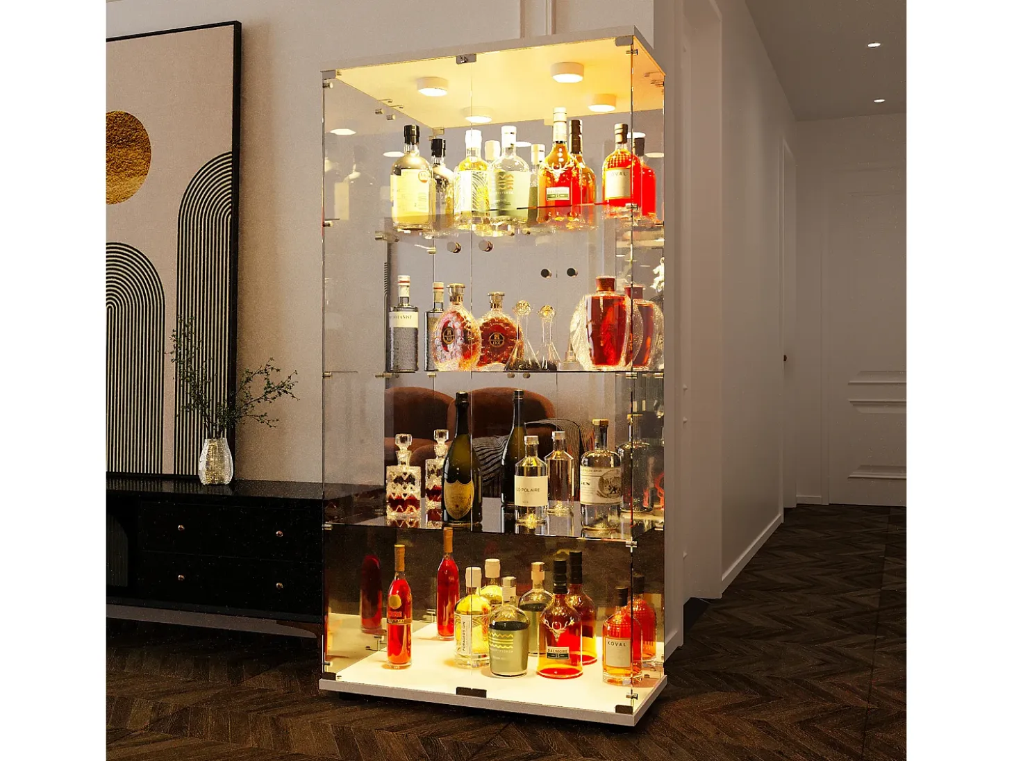 Vitrina de cristal con iluminación LED y cerradura, vitrina de cristal para salón con 2 puertas y estantes, color blanco