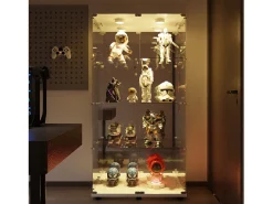 Vitrina de cristal con iluminación LED y cerradura, vitrina de cristal para salón con 2 puertas y estantes, color blanco