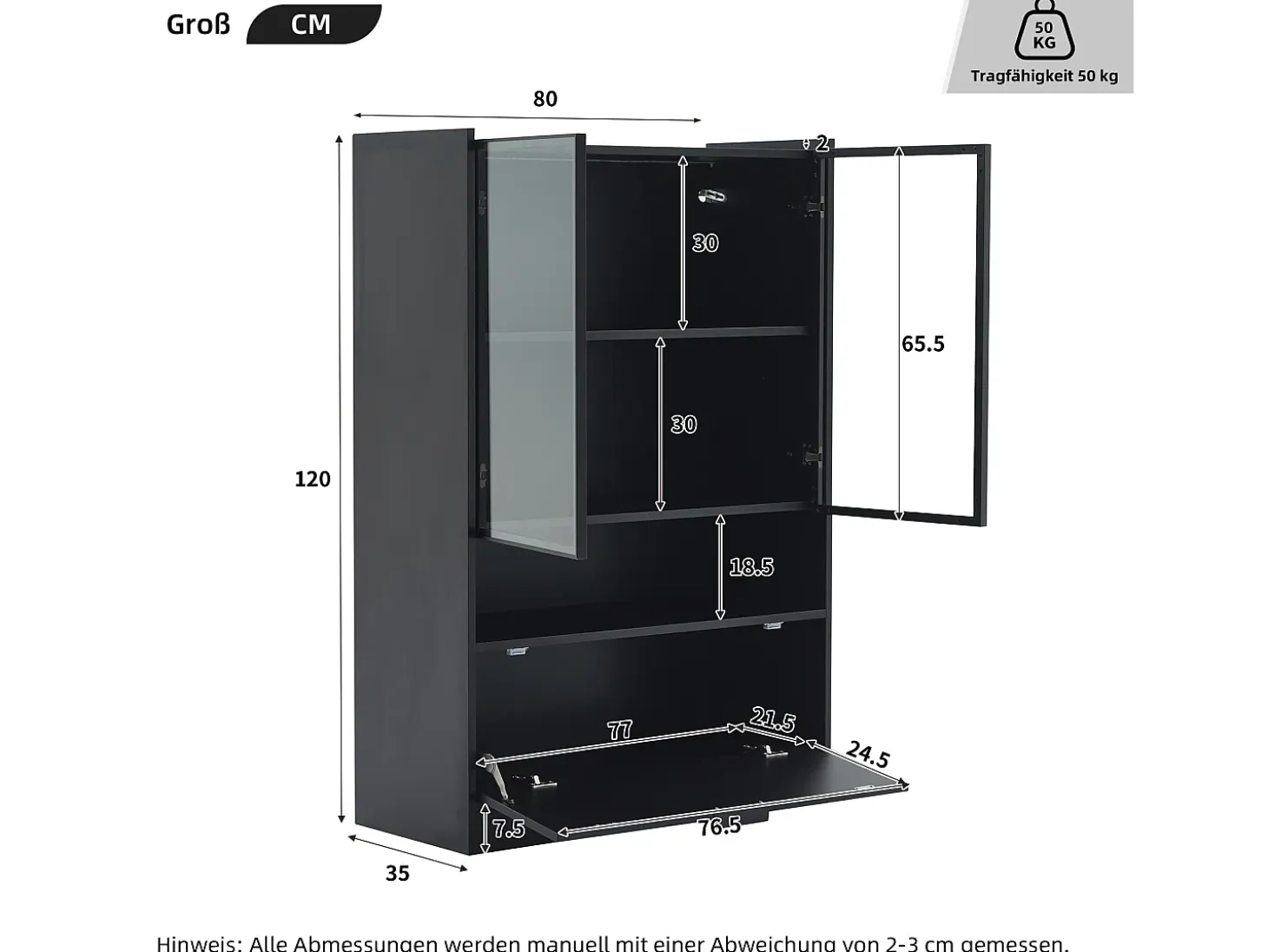 Vitrina de cristal con iluminación LED - Diseño desplegable - Vitrina para colecciones - 35 x 80 x 120 cm, Negra