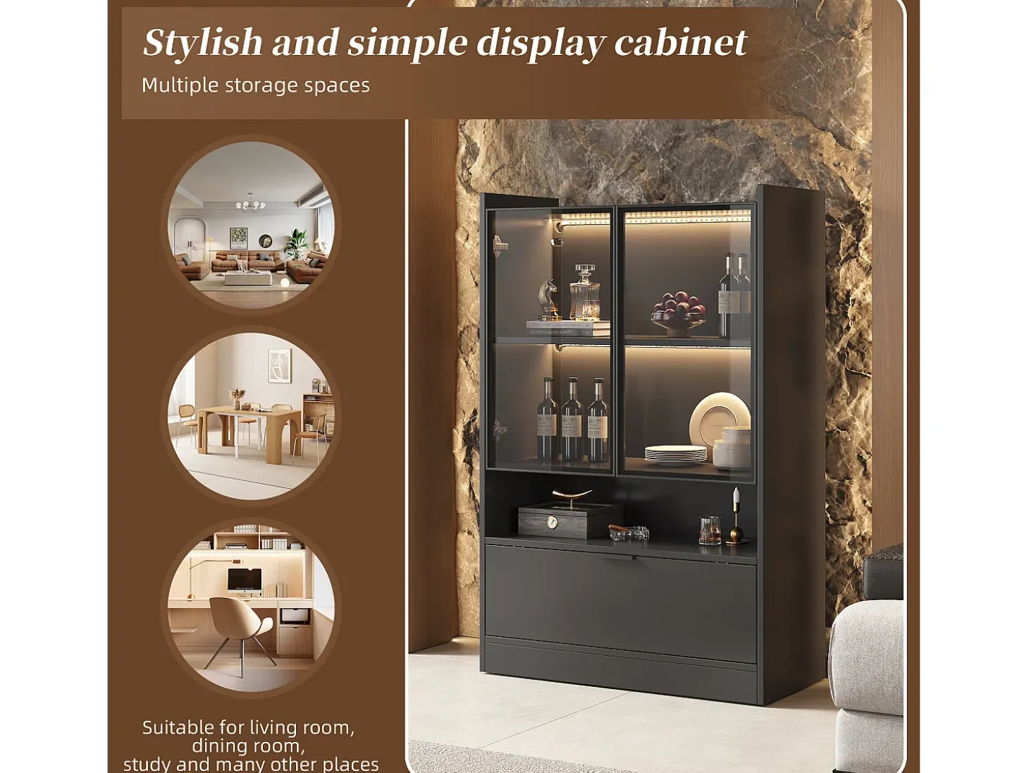 Vitrina de cristal con iluminación LED - Diseño desplegable - Vitrina para colecciones - 35 x 80 x 120 cm, Negra