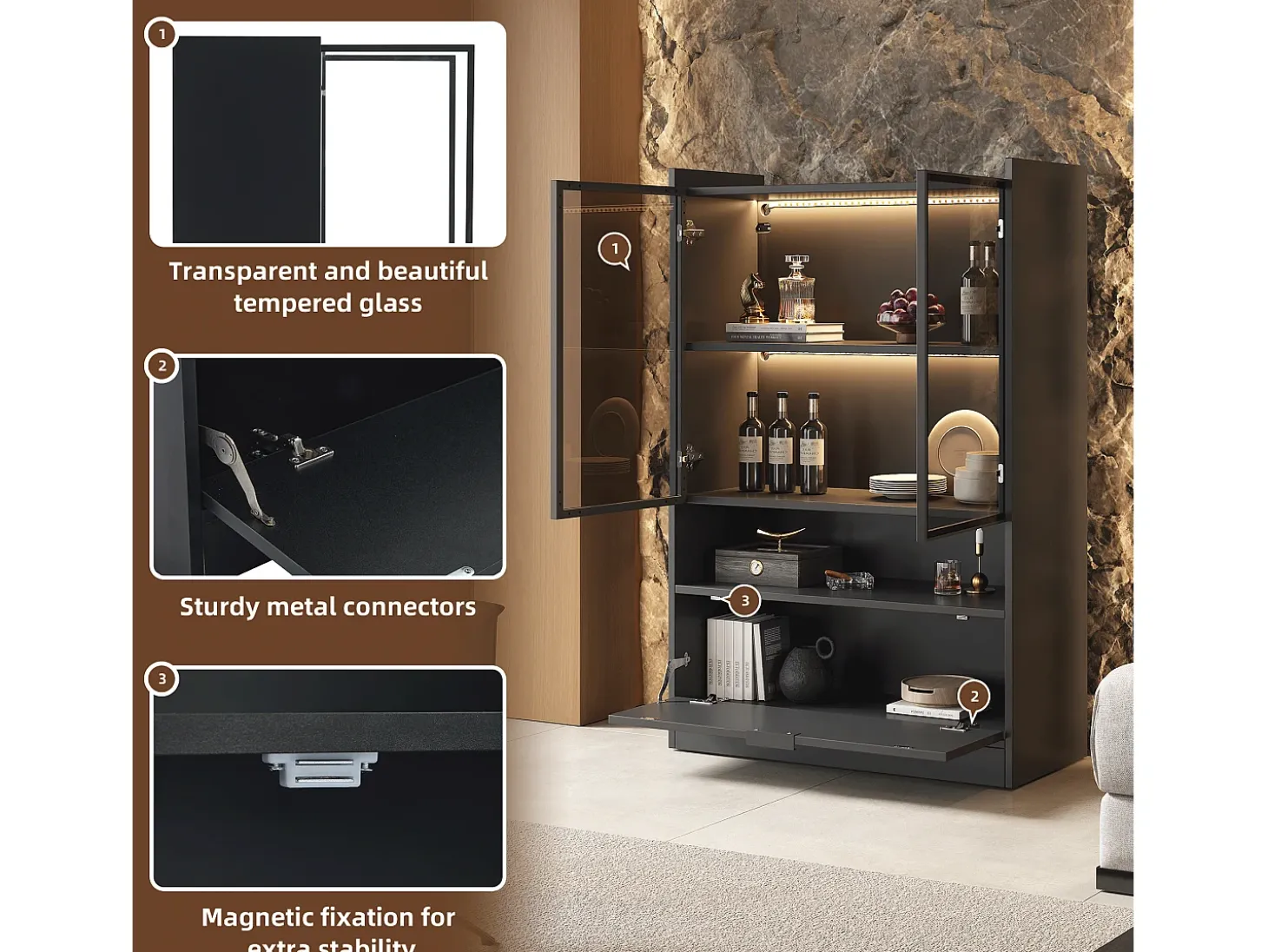 Vitrina de cristal con iluminación LED - Diseño desplegable - Vitrina para colecciones - 35 x 80 x 120 cm, Negra