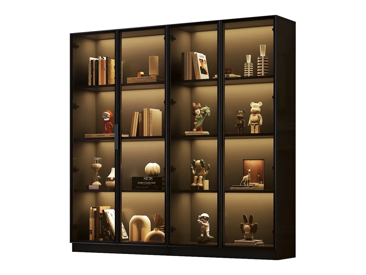 Vitrina de cristal con LED, 4 puertas, estantes regulables, color negro (160x40x160 cm)
