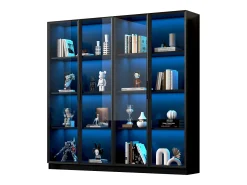 Vitrina de cristal con LED, 4 puertas, estantes regulables, color negro (160x40x160 cm)