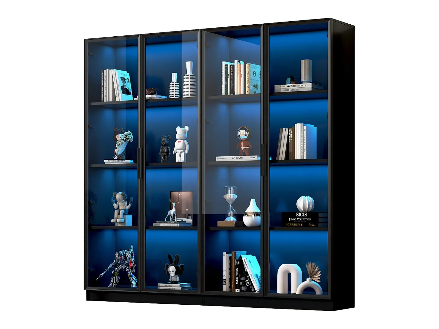Vitrina de cristal con LED, 4 puertas, estantes regulables, color negro (160x40x160 cm)