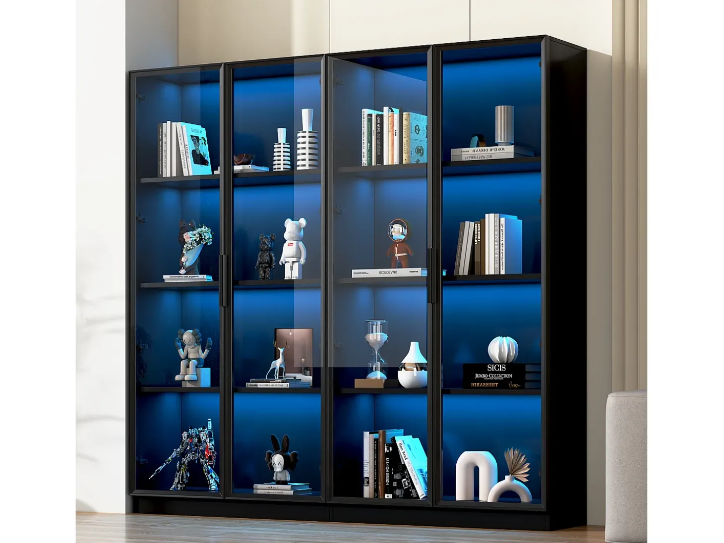 Vitrina de cristal con LED, 4 puertas, estantes regulables, color negro (160x40x160 cm)