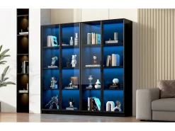 Vitrina de cristal con LED, 4 puertas, estantes regulables, color negro (160x40x160 cm)