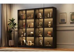 Vitrina de cristal con LED, 4 puertas, estantes regulables, color negro (160x40x160 cm)