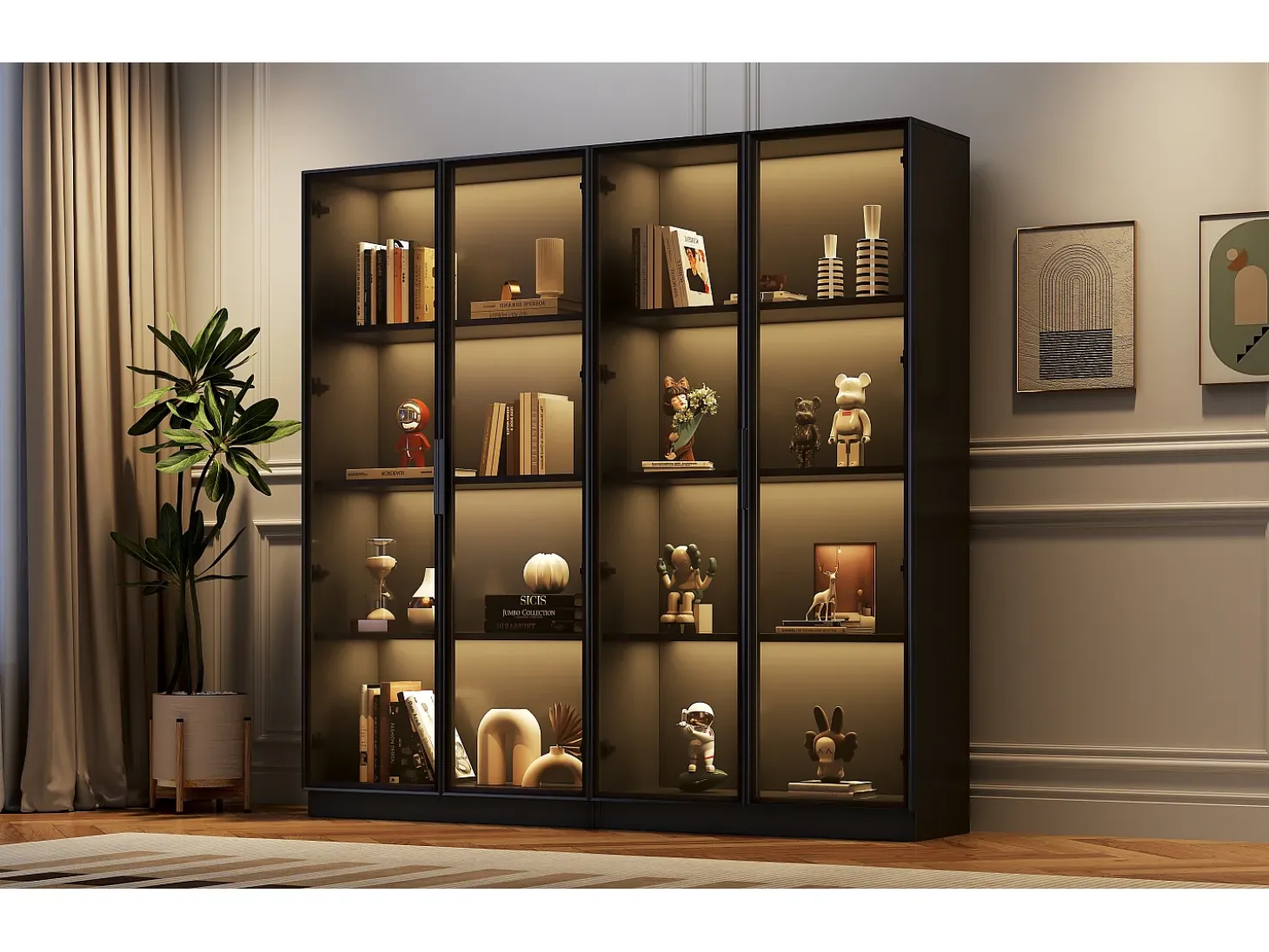 Vitrina de cristal con LED, 4 puertas, estantes regulables, color negro (160x40x160 cm)