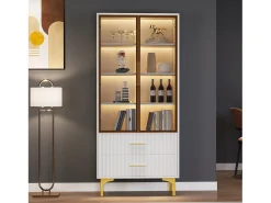 Vitrina de cristal con LED, 2 puertas, estantes regulables, MDF, blanco, (70x35x150 cm)