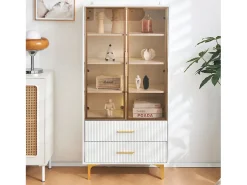 Vitrina de cristal con LED, 2 puertas, estantes regulables, MDF, blanco, (70x35x150 cm)