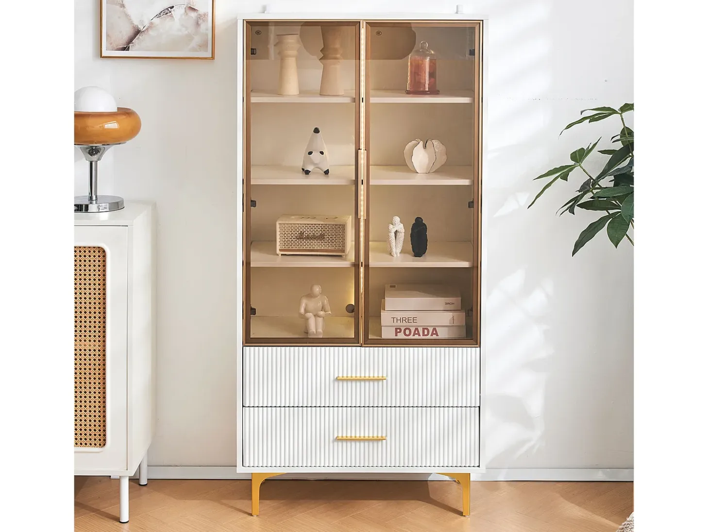 Vitrina de cristal con LED, 2 puertas, estantes regulables, MDF, blanco, (70x35x150 cm)