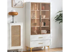 Vitrina de cristal con LED, 2 puertas, estantes regulables, MDF, blanco, (70x35x150 cm)