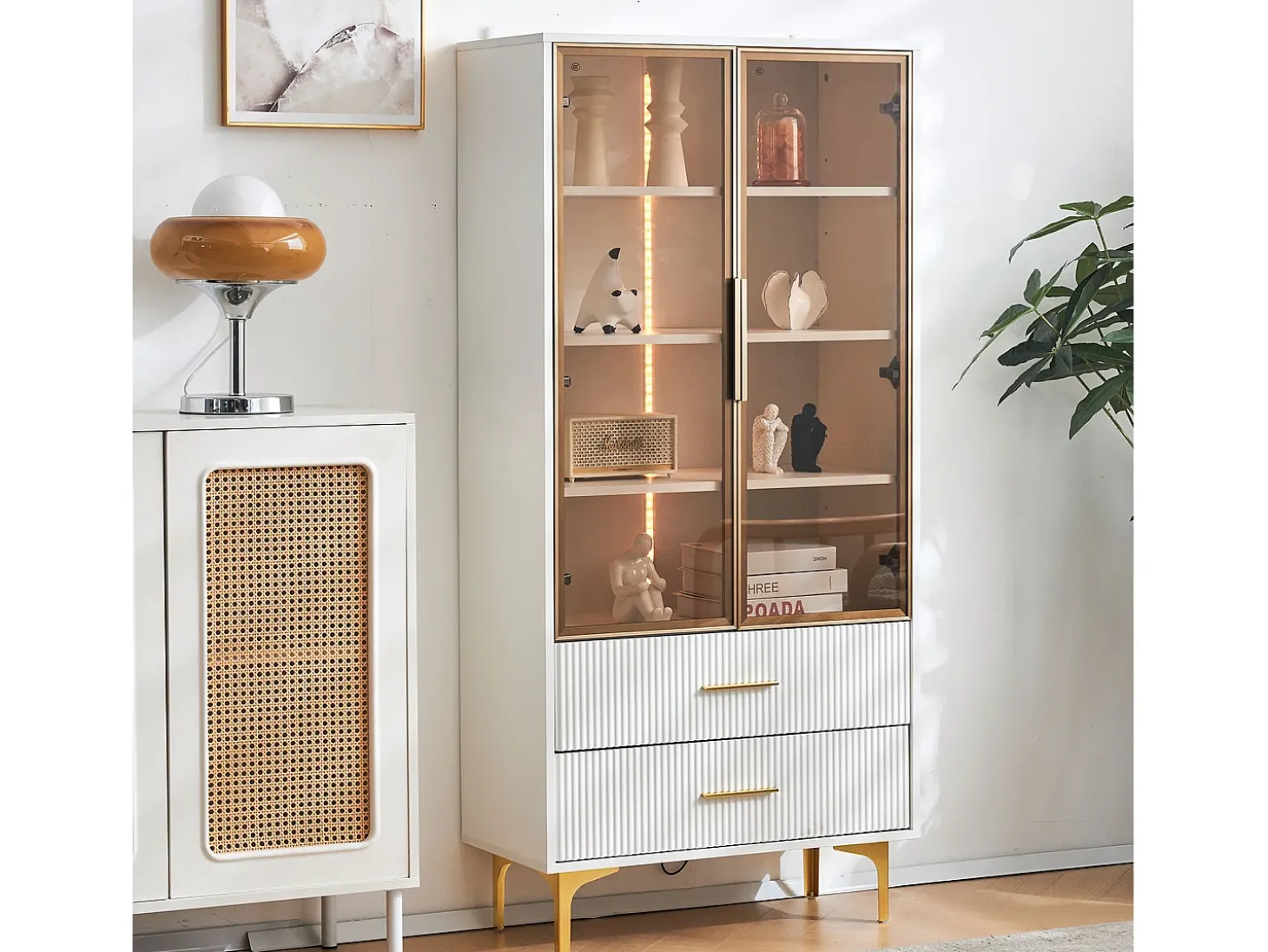 Vitrina de cristal con LED, 2 puertas, estantes regulables, MDF, blanco, (70x35x150 cm)