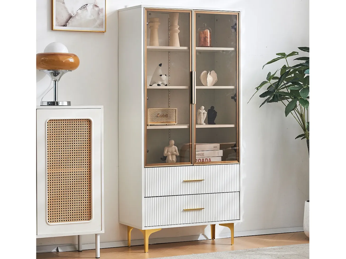 Vitrina de cristal con LED, 2 puertas, estantes regulables, MDF, blanco, (70x35x150 cm)
